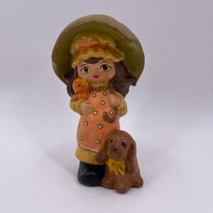 Retro Hand Painted Ceramic Girl Figurine Dog Umbrella Bird Vintage 1973